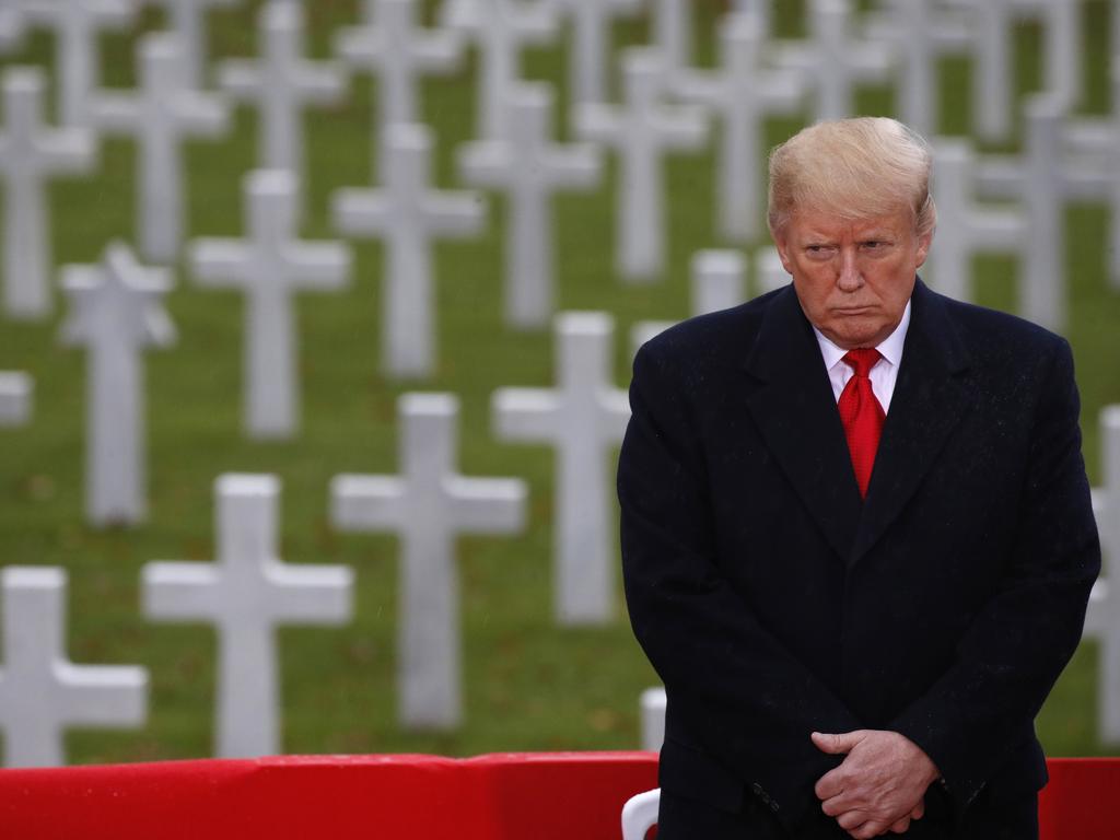 President Donald Trump remembers the American war dead at Suresnes American Cemetery near Paris. Picture: AP Photo/Jacquelyn Martin