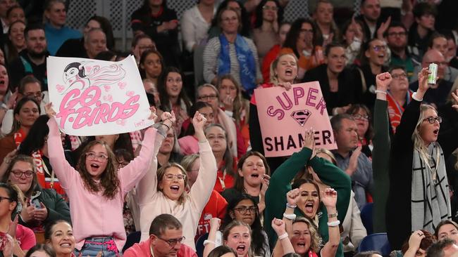 MELBOURNE, AUSTRALIA - JULY 08: Fans show their support during the 2023 Super Netball Grand Final match between Adelaide Thunderbirds and NSW Swifts at John Cain Arena on July 08, 2023 in Melbourne, Australia. (Photo by Kelly Defina/Getty Images)