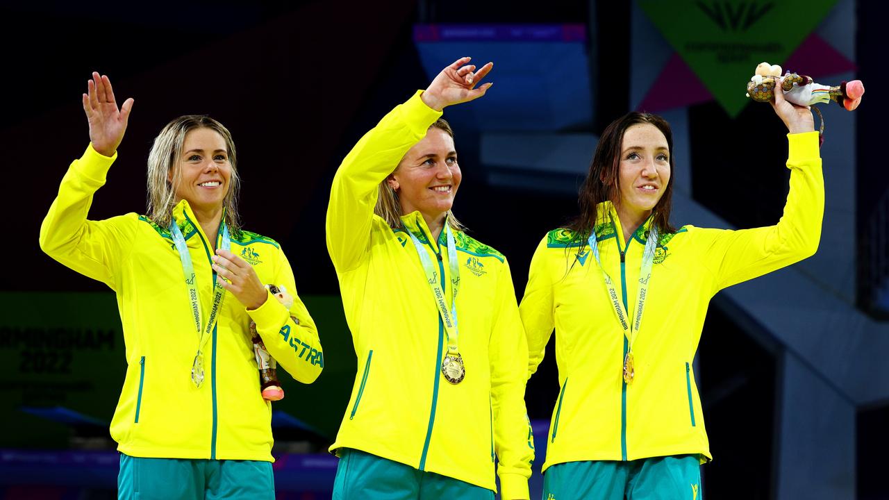 Silver medalist, Kiah Melverton of Team Australia, Ariarne Titmus and bronze medalist, Lani Pallister. Picture: Elsa/Getty Images