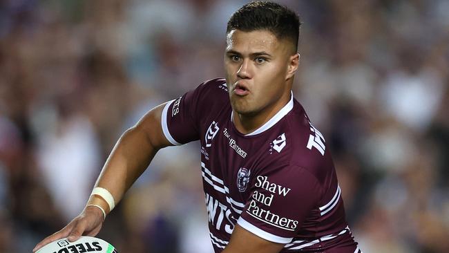 SYDNEY, AUSTRALIA - MARCH 16:  Josh Schuster of the Sea Eagles passes the ball during the round three NRL match between Manly Sea Eagles and Parramatta Eels at 4 Pines Park on March 16, 2023 in Sydney, Australia. (Photo by Cameron Spencer/Getty Images)