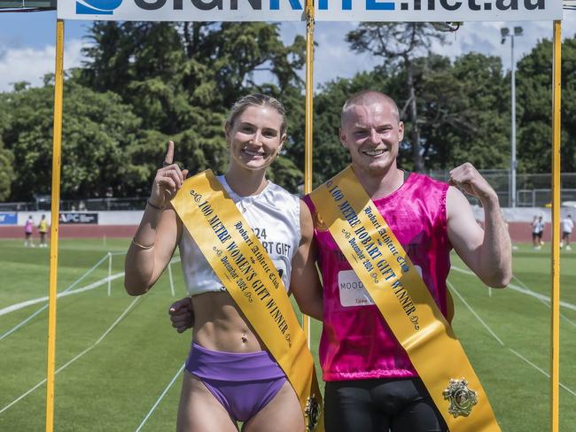 TAS Carnivals Hobart - 100m GIFTS winners Emelia Surch and Logan James at New Town Oval. Picture: Caroline Tan