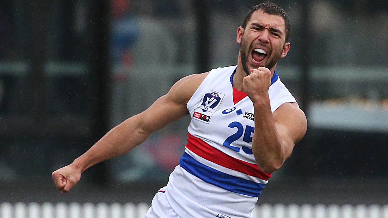 Ben Cavarra celebrates a goal for Footscray in the VFL last season. Picture: Ian Currie