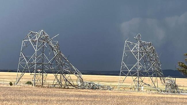 Downed transmission towers in Anakie, just outside Melbourne. Picture: Supplied