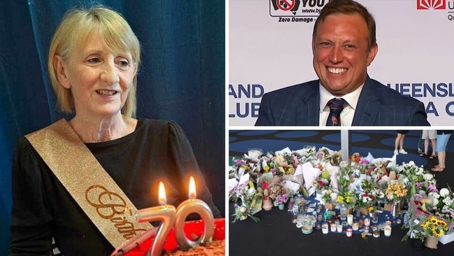 Vyleen White, left, Steven Miles laughs off a question about youth crime on Tuesday, top right, the memorial at Redbank Plains shopping centre. Picture: Sky News/Liam Kidston