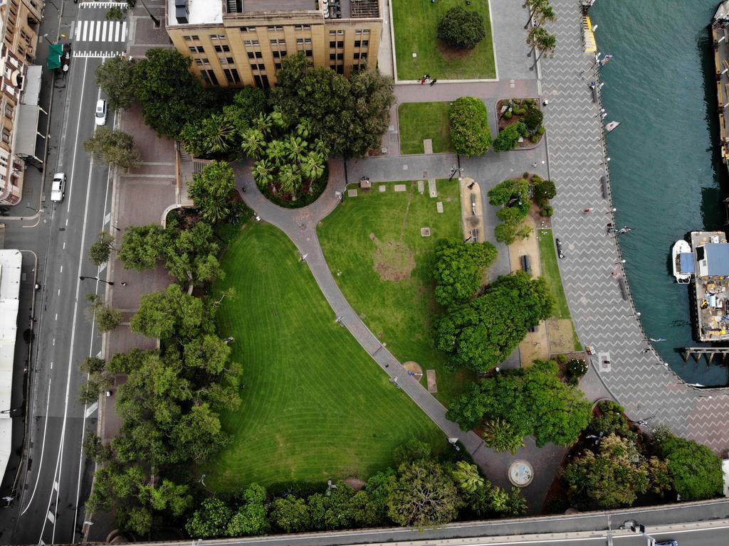 Public places like First Fleet Park in Circular Quay are nearly deserted. Picture: Toby Zerna