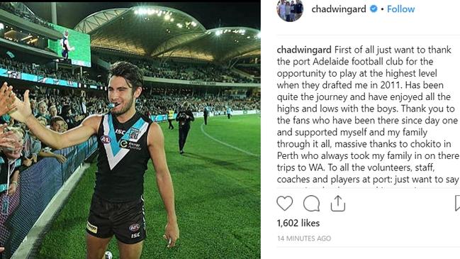 Chad Wingard post after being traded from Port Adelaide Football Club to Hawthorn. Picture: Instagram