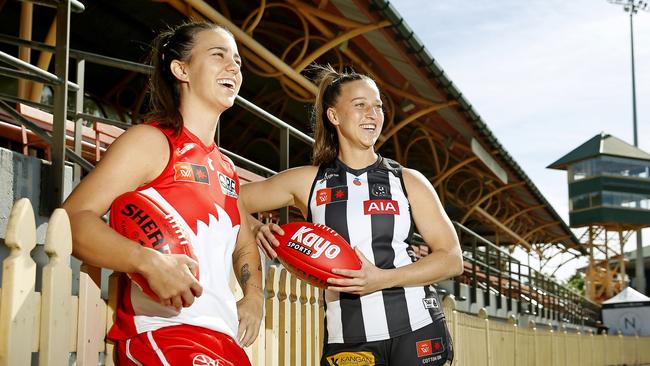 L to R: Chloe Molloy from the Sydney Swans and Ruby Schleicher from the Collingwood Magpies at North Sydney Oval ahead of this  weeks' AFLW Season opener at North Sydney Oval featuring Sydney Swans v Collingwood Magpies. Picture: John Appleyard .