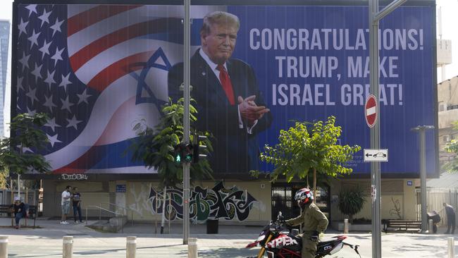 The best example of the global vibe shift – by far – is surely in the Middle East. A congratulatory billboard is pictured on November 7, 2024 in Tel Aviv, Israel. Picture: Getty