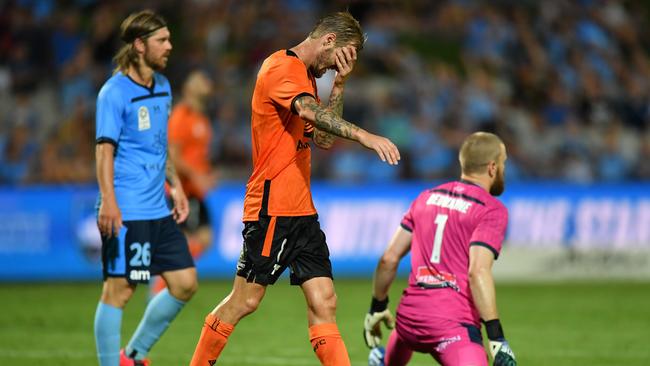 Jacob Pepper is shattered after missing a late chance to equalise in Brisbane Roar’s 1-0 loss to Sydney FC. Picture: AAP Image/Dean Lewins