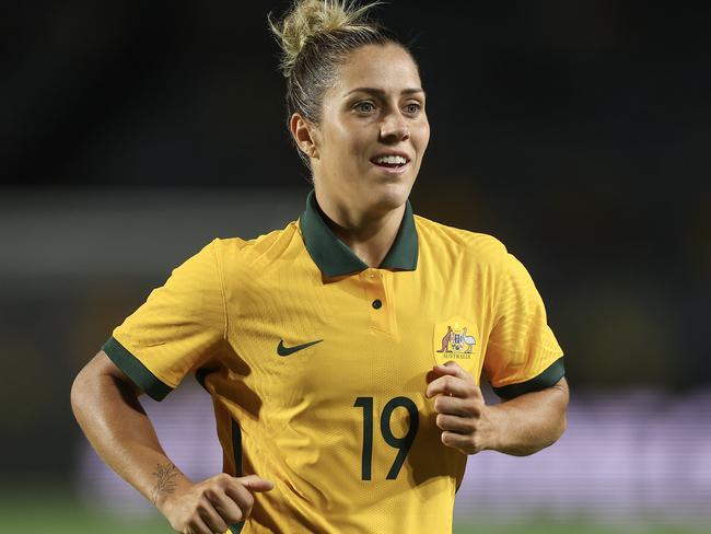 GOSFORD, AUSTRALIA - FEBRUARY 16: Katrina Gorry of Matildas  reacts during the Cup of Nations match between the Australia Matildas and Czechia at Industree Group Stadium on February 16, 2023 in Gosford, Australia. (Photo by Cameron Spencer/Getty Images)