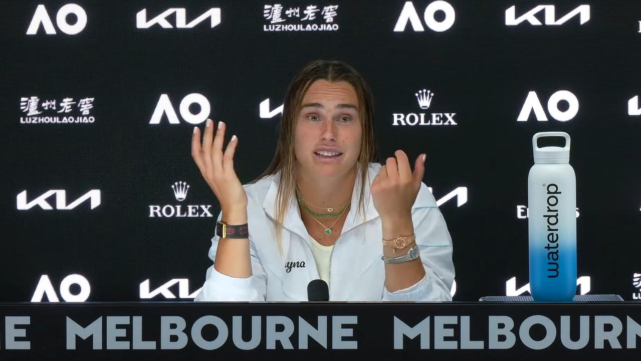 Aryna Sabalenka spoke about not being able to represent her country at a post-match press conference on Wednesday. Picture: Australian Open / YouTube