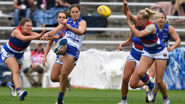 Jasmine Garner of the Kangaroos kicks the ball during the round seven AFLW match between the North Melbourne Kangaroos and the Western Bulldogs at North Hobart Oval. Picture: Steve Bell/Getty Images