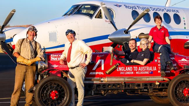 Matthew Benns and Warren Brown are joined by RFDS pilot Brady Thrift, Dr Judy Patterson and nurse unit manager Jamie-Lee McCall. Picture: Nigel Wright