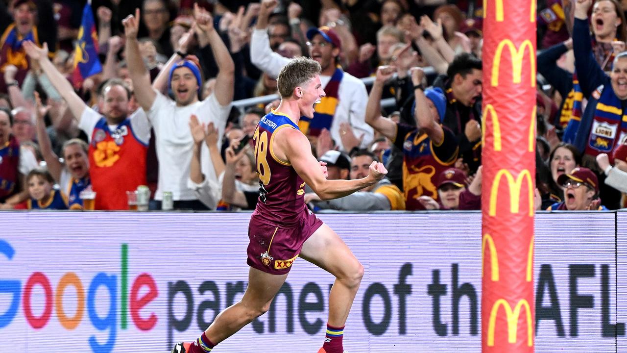 BRISBANE, AUSTRALIA – SEPTEMBER 09: Jaspa Fletcher of the Lions celebrates kicking a goal during the Second Qualifying Final AFL match between the Brisbane Lions and Port Adelaide Power at The Gabba, on September 09, 2023, in Brisbane, Australia. (Photo by Bradley Kanaris/Getty Images)