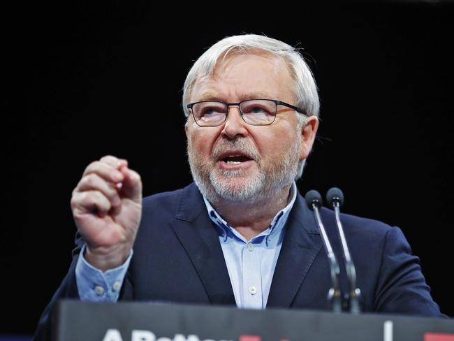 Former PM Kevin Rudd speaks to the Labor party faithful. Picture: Sam Ruttyn