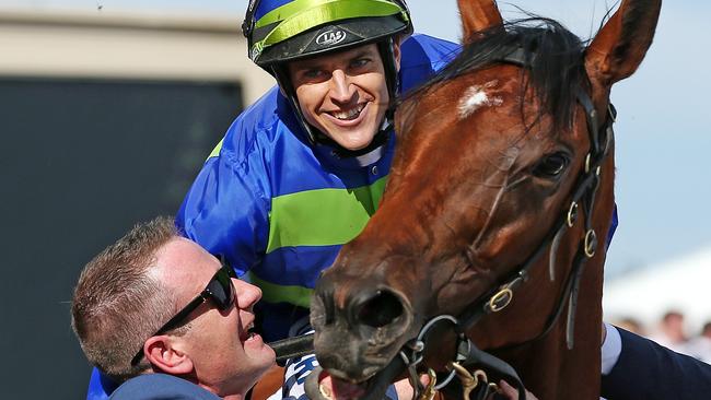 Nicholas Hall returns to scale after winning the Caulfield Cup on Jameka. Picture: Mark Stewart