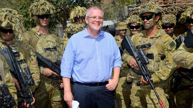 Prime Minister Scott Morrison with 3RAR soldiers at Lavarack Barracks in Townsville. Picture: Evan Morgan