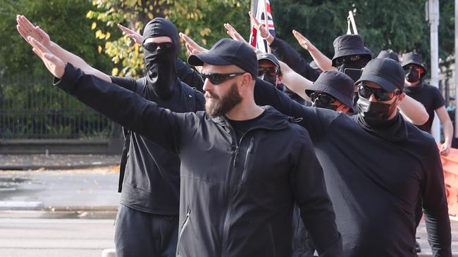 Far right activists give a Nazi salute. Anti-Semitism has never been more rife. Picture: NCA NewsWire/David Crosling