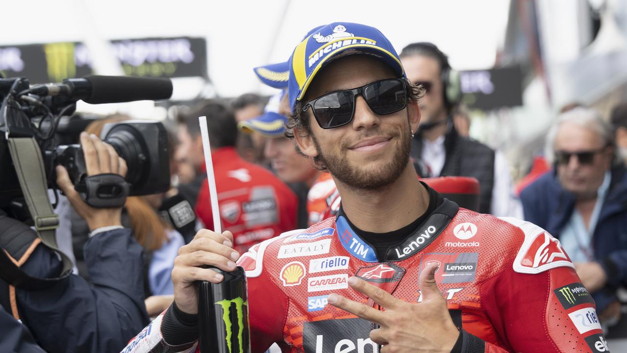 NORTHAMPTON, ENGLAND - AUGUST 03: Enea Bastianini of Italy and Ducati Lenovo Team celebrates the third place during the MotoGP qualifying practice during the MotoGP Of Great Britain - Qualifying at Silverstone Circuit on August 03, 2024 in Northampton, England. (Photo by Mirco Lazzari gp/Getty Images)