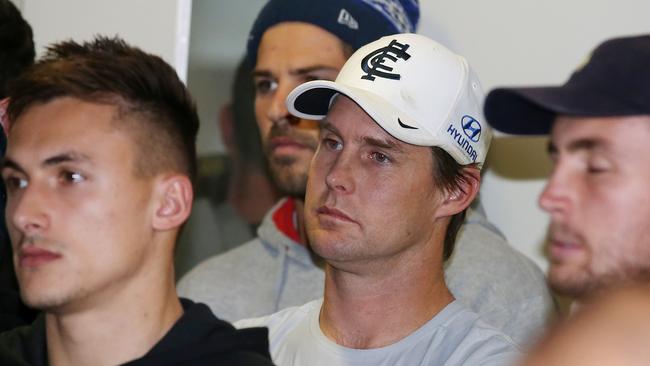 Interim Carlton coach David Teague watches today’s Brendon Bolton press conference. Picture: Michael Klein.