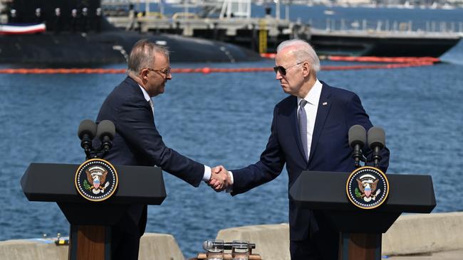 Mr Albanese and Mr Biden shake hands on the AUKUS partnership. Picture: Getty Images