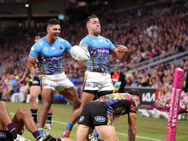 Corey Thompson celebrates scoring a try against Brisbane. Picture: NRL Imagery