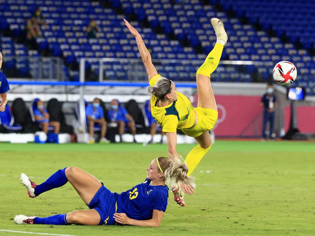 Alannah Kennedy appears to get taken out during the Matildas game against Sweden. Picture: Adam Head