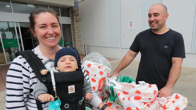 Jess and Jason Tsoleridis and baby Harrison, shopping at Airport West. Picture: Alex Coppel