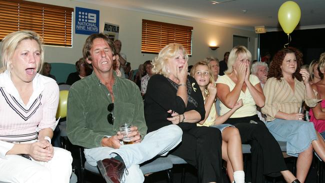 Supporters and family of Schapelle Corby gather at Tugun Surf Club hearing the verdict (l to r) Natalie Wolf, Guy Pilgrim, Rachelle Hamilton, Grace Gregory 9 years with mum Michelle Hamilton and Natalie Preci. Picture: Donna Cosford