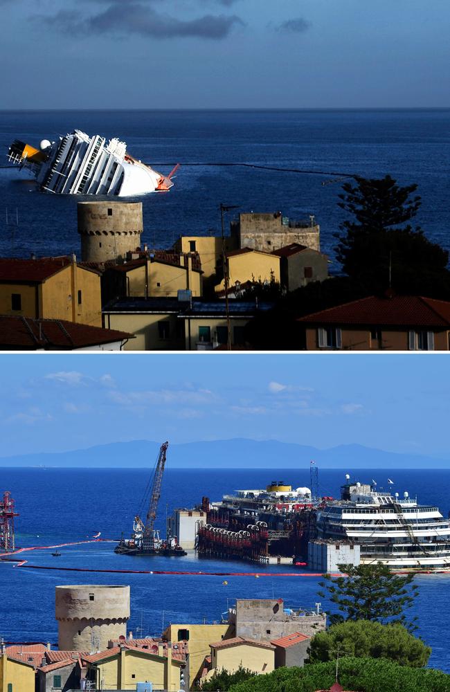 Then and now: The wreck of the Costa Concordia cruise ship on January 23, 2012 (top) and on July 15, 2014 after being refloated.