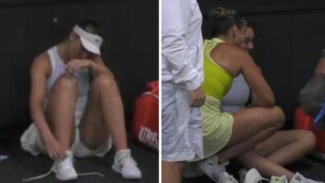 Aryna Sabalenka consoles Paula Badosa after their semi-final.