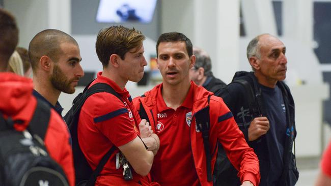 Adelaide United’s Craig Goodwin and Isaias at Adelaide Airport. Gertjan Verbeek thought he was going to build a team around the pair before they were transferred in mid 2019. (Pic: AAP/Brenton Edwards)