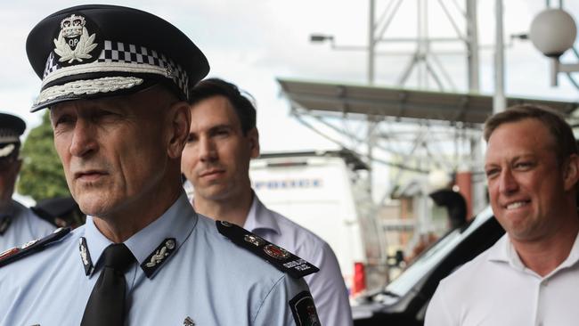 Premier Steven Miles (right) was joined by new Police Commissioner Steve Gollschewski and Police Minister Mark Ryan to announce a $20m upgrade to the Bundaberg Police Station.