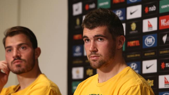 Socceroos training at Olympic Park. Training at Olympic Park starts at 11am. James Troisi and Matt Ryan goalkeeper ( right ) Picture: Stuart Milligan