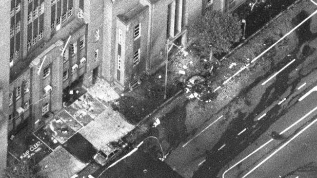 An aerial view of the Russell St bombing.