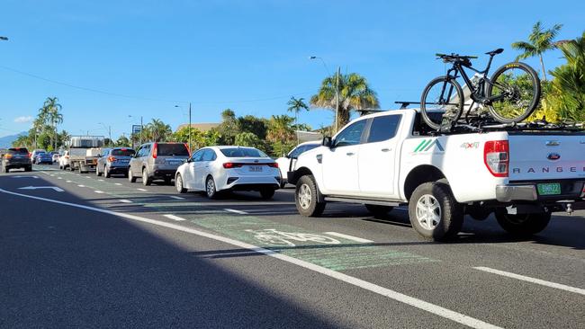 Cars back up in morning peak hour traffic on Sheridan Street, Cairns North. Picture: Brendan Radke