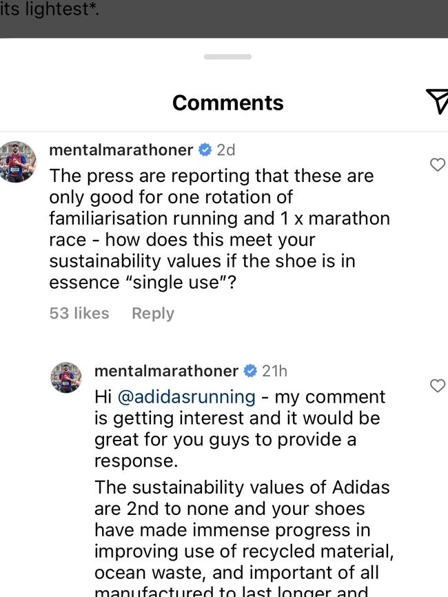 Some people have expressed their disappointment in the fact that the shoe is designed for “one race”. Picture: Instagram comment section for @adidasrunning.