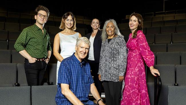 David Williamson (front) with Daniel Evans, Hannah Belanszky, Lee Lewis, Roxanne McDonald and Rachel Gordon at the Queensland Theatre 2023 launch in 2022. Picture: Richard Walker