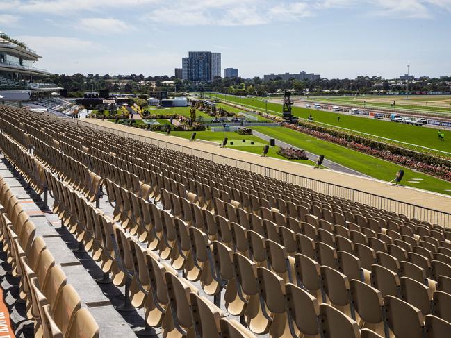 Flemington racecourse looks very different this year without any crowds. Picture: Aaron Francis