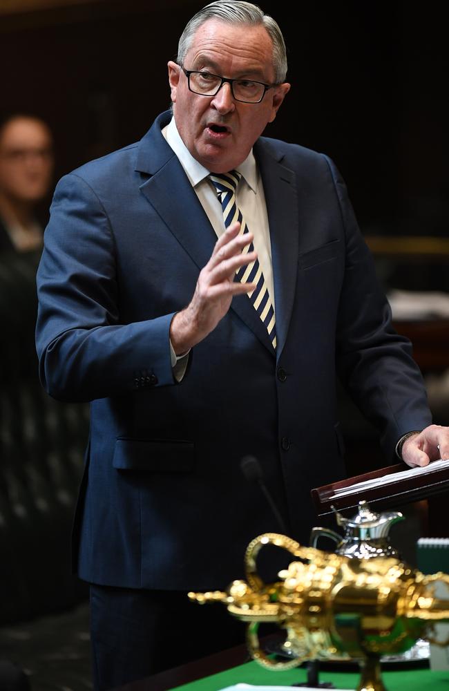 NSW Minister for Health and Medical Research Brad Hazzard speaks during a debate of the Reproductive Health Care Reform Bill in the Legislative Assembly at New South Wales Parliament House in Sydney, on Tuesday. Picture: Joel Carrett.