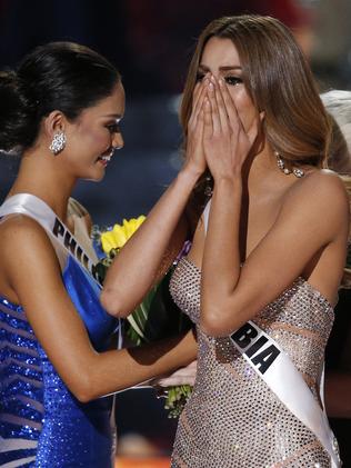 Miss Colombia reacts as the announcer incorrectly names her. Picture: AP