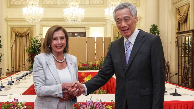 Nancy Pelosi with Singapore's Prime Minister Lee Hsien Loong on Monday. Picture: AFP.