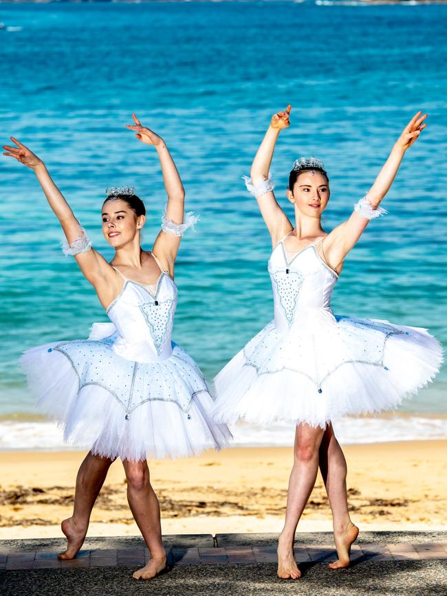 Alexandra Sartor and Ariah Mandeno play snow flakes in The Nutcracker at Chatswood. Picture: Monique Harmer