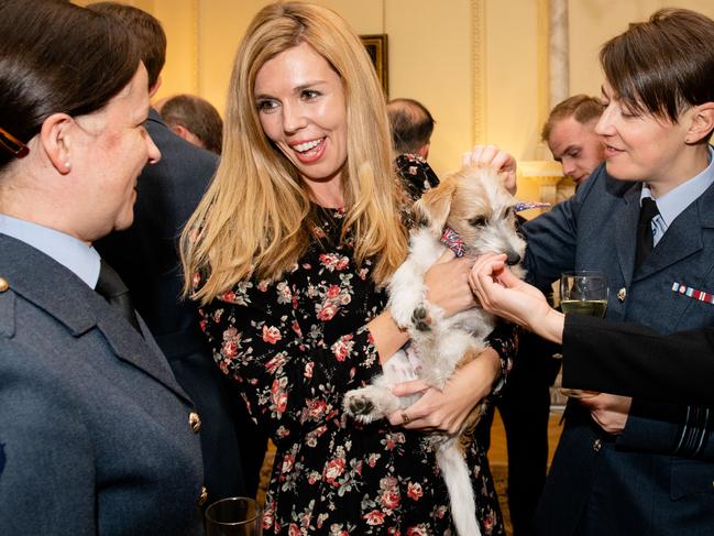 Carrie Symonds and her dog Dilyn greet guests as Prime Minister Boris Johnson hosts various members of the armed services at a military reception at 10 Downing Street. Picture: WPA Pool/Getty Images