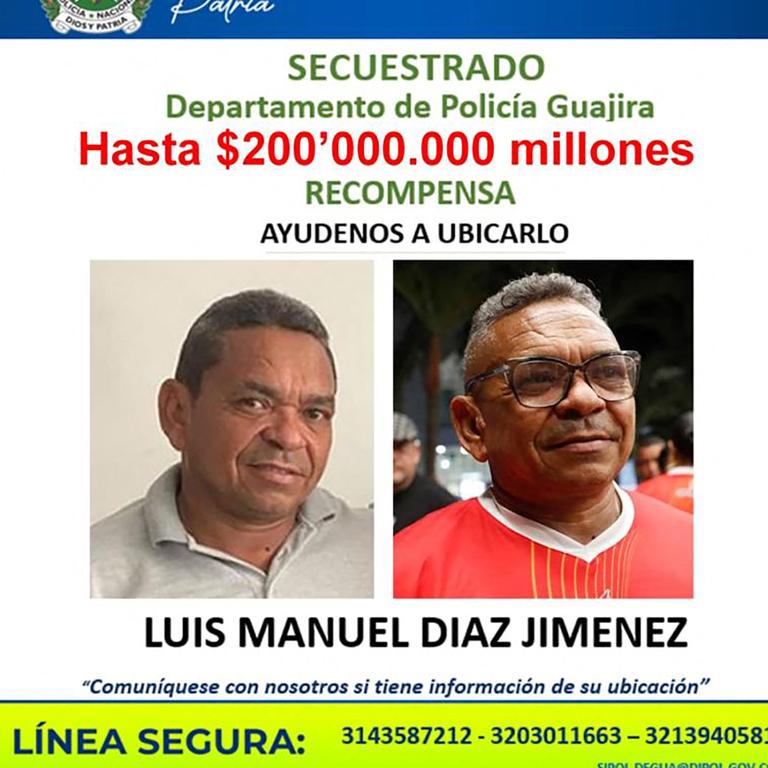 Handout image from Colombia’s police offering a reward of 200 million Colombian pesos (around 50,000 US dollars) for information related to the kidnapping of Luis Manuel Diaz. (Photo by COLOMBIA'S NATIONAL POLICE PRESS OFFICE / AFP)