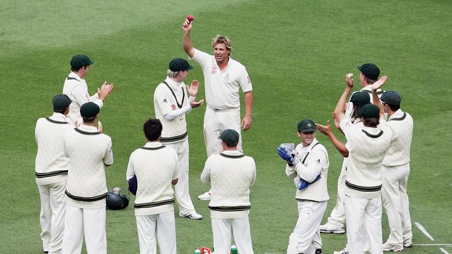 Shane Warne celebrates his 700th test wicket after he bowled Andrew Strauss of England during day one of the fourth Ashes Test Match between Australia and England at the Melbourne Cricket Ground on December 26, 2006.