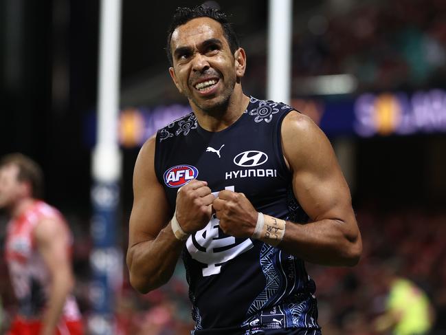 SYDNEY, AUSTRALIA - MAY 30: Eddie Betts of the Blues reacts to a shot at goal during the round 11 AFL match between the Sydney Swans and the Carlton Blues at Sydney Cricket Ground on May 30, 2021 in Sydney, Australia. (Photo by Cameron Spencer/Getty Images)