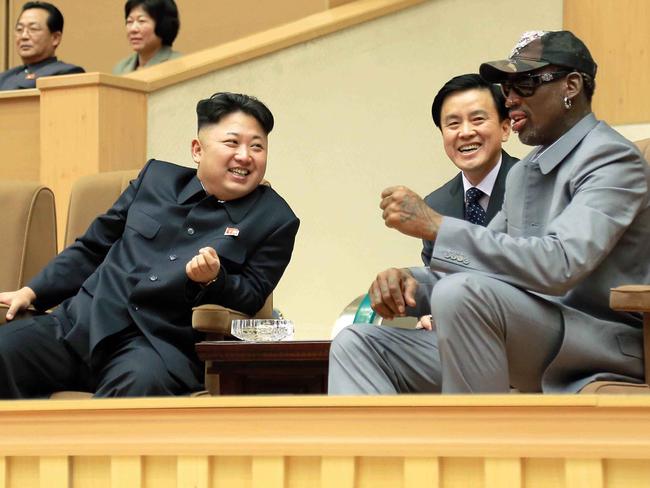 North Korean leader Kim Jong-un talks with former NBA player Dennis Rodman in Pyongyang. Picture: Korean Central News Agency/Korea News Service via AP