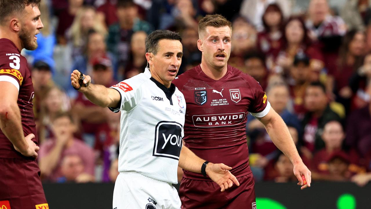 Cameron Munster talk to the referee in action during Game 1 of the 2021 State of Origin Series between Queensland and NSW at Queensland Country Bank Stadium, in Townsville. Pics Adam Head