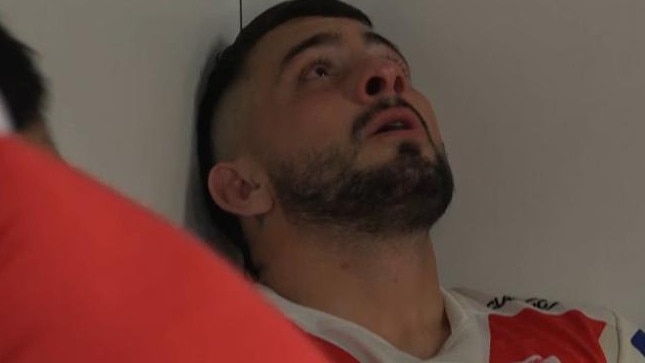 Jack Bird in tears in the Dragons sheds.